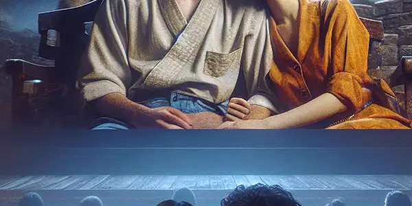 A dimly lit movie theater scene with a captivated audience and a young couple sharing an emotional moment.