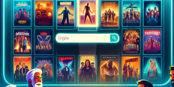 A cozy living room with diverse characters watching movies on a large screen, set against a neon-lit cityscape.