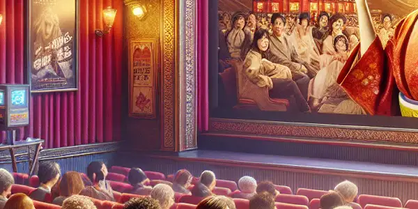 A lively vintage cinema scene featuring fans discussing films while Akiyo Yoshizawa's iconic performance captivates the audience.