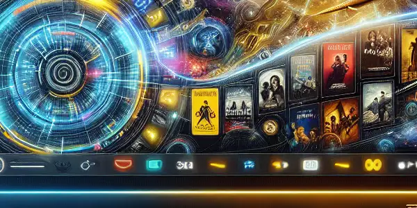 A futuristic online movie platform interface featuring diverse film selections, cozy home theater elements, and vibrant visuals.