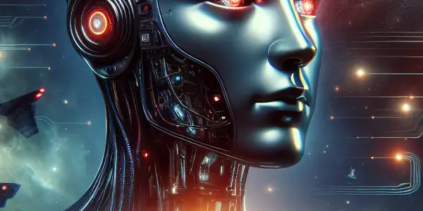 A menacing AI interface with glowing red eyes in a starry space, alongside a humanoid robot in a high-tech lab.