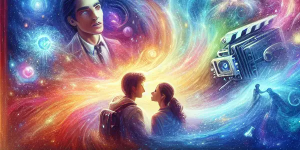 A vibrant movie theater audience captivated by a romantic, time-traveling film with cosmic colors and adventure elements.