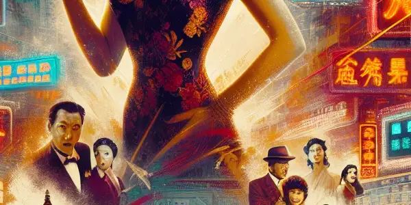 A glamorous Li Chia-chi poses fiercely in a vibrant 1990s outfit against a neon-lit Hong Kong cityscape.