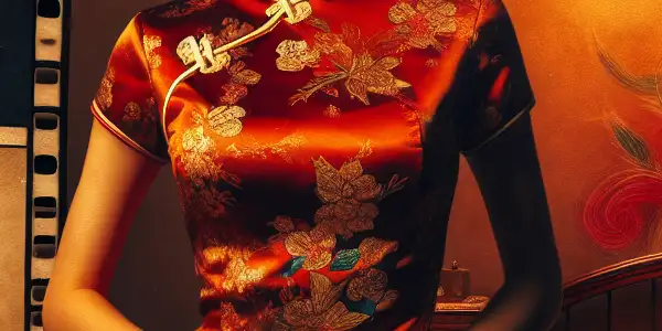 A confident woman in a vibrant, retro film set, embodying the essence of 1990s Hong Kong cinema.